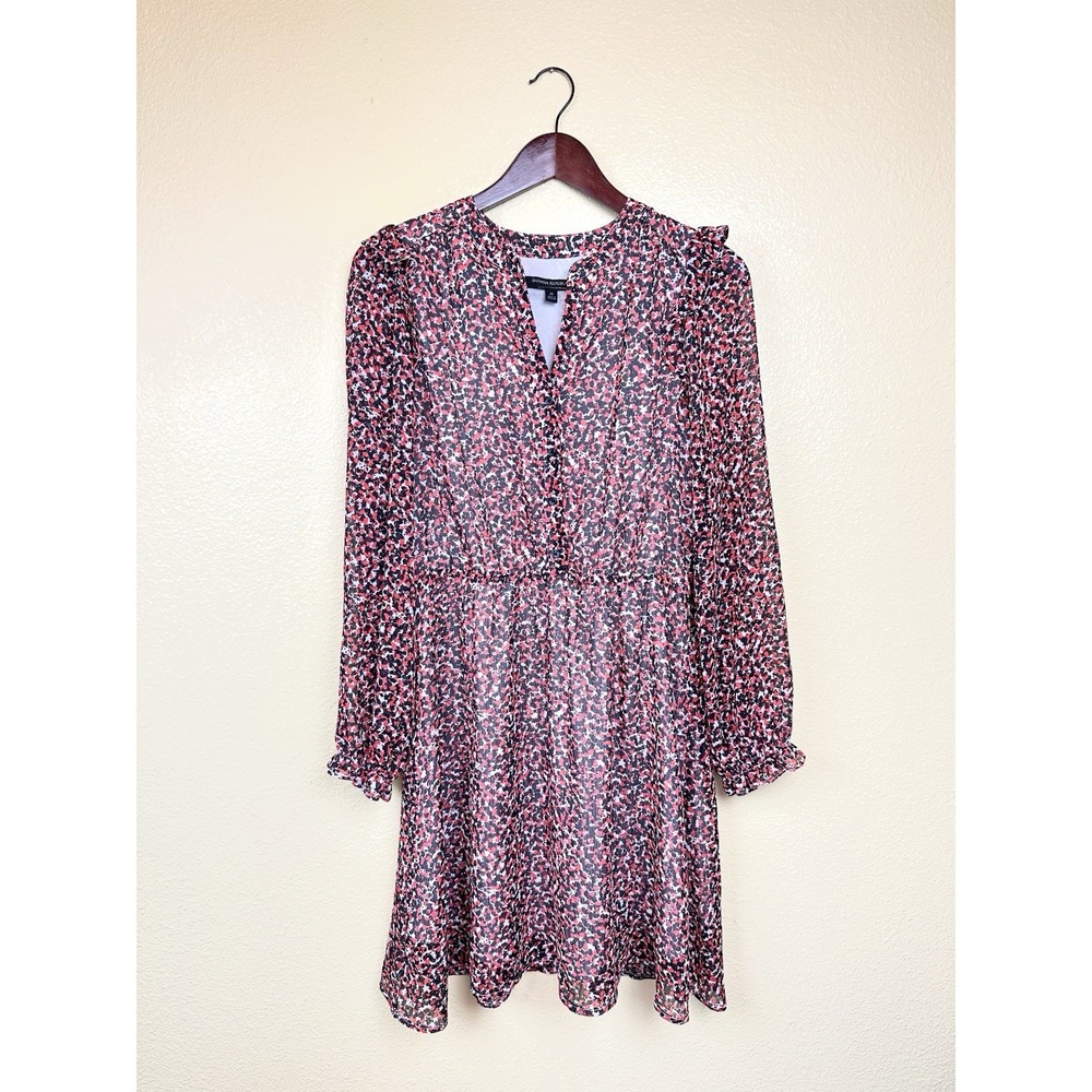 Banana Republic Women M Polkadot V-Neck Midi Dress Long Sleeve Black Red Chic